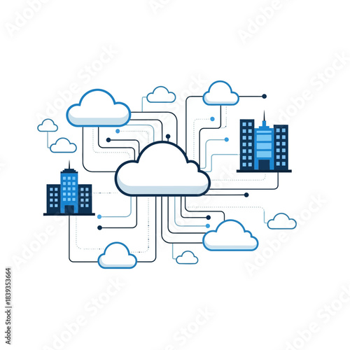 Abstract cloud computing network connecting buildings and data centers digitally
