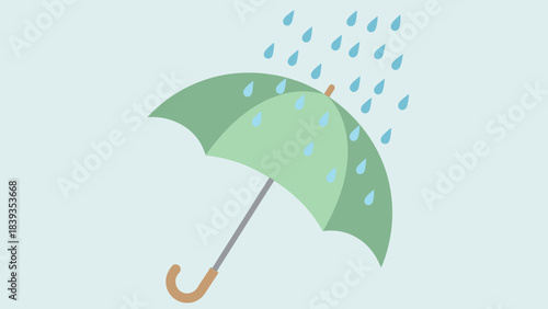 A simple graphic illustration of a green umbrella protecting from falling blue raindrops on a light background.