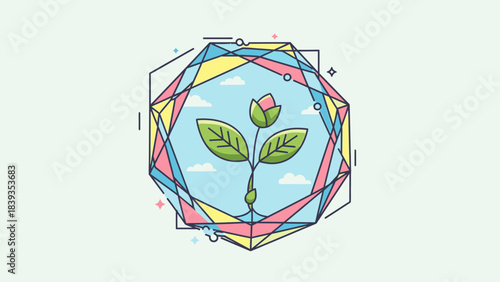Stylized illustration of a growing plant with leaves and a bud, enclosed in a colorful geometric crystal shape against a sky background.