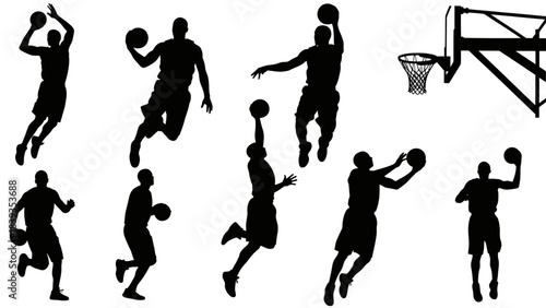 Collection of dynamic silhouettes of basketball players in various action poses, including jumping, shooting, and dribbling, alongside a basketball hoop.