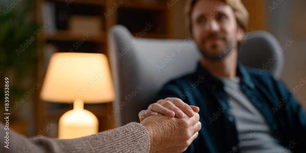 Obraz premium Close-up of two people holding hands in a comforting gesture with a blurred background of a man sitting in a cozy room with warm lighting