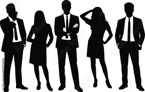 Silhouettes of Five Business Professionals in Varied Attire and Poses Representing Corporate Teamwork, Diversity, and Professional Identity