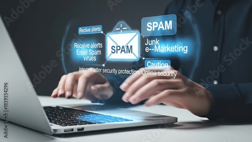 Wallpaper Mural Hands on Laptop Typing with Spam and Junk Mail Graphics Displayed Against Dark Blue Background on White Table Torontodigital.ca