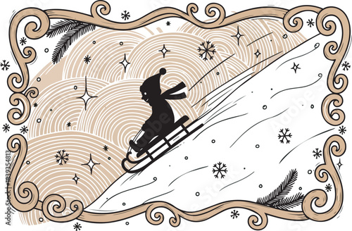Whimsical Rabbit Sledding in Winter Wonderland Illustration