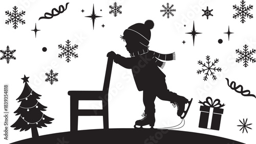 Child Ice Skating Silhouette Winter Holiday Scene