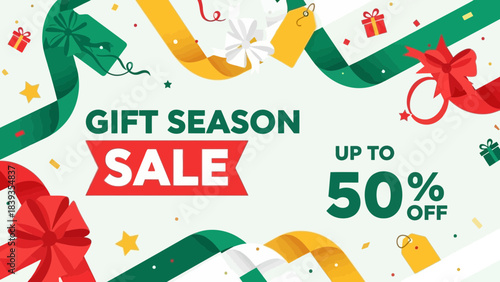 A festive banner for a "Gift Season Sale" offering up to 50% off, adorned with colorful ribbons, gift boxes, and confetti.