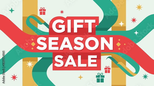 A vibrant graphic announcing a "Gift Season Sale" with festive ribbons and gift box decorations.