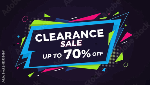 Vibrant digital banner announcing a clearance sale with up to 70% off discount, featuring modern geometric shapes.