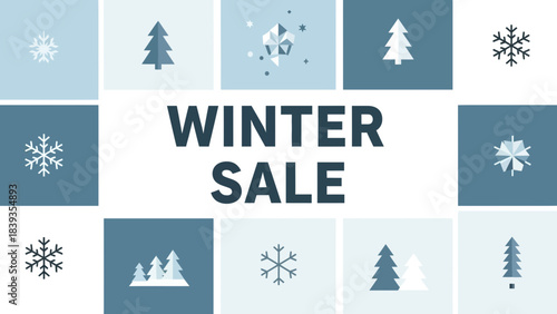 Winter Sale banner with various snowflake and pine tree icons in a blue and white color scheme, perfect for seasonal promotions.