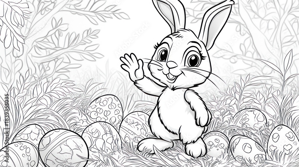 Fototapeta premium Easter bunny waving, eggs, forest, coloring page
