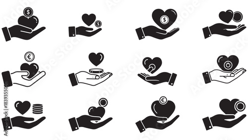 Hand Holding Heart and Coin CSR Donation Icon for Corporate Social Responsibility and Charitable Giving