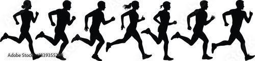 Silhouettes of Runners in Motion Sequence Depicting Athletic Movement, Sports Training, and Biomechanics on White Background for Fitness Concepts