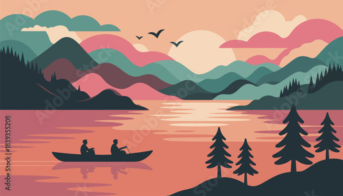 man and a woman are in a boat on a lake, surrounded by pink sky and green mountains, creating a colorful vector landscape illustration for travel themes, outdoor scenery designs, nature artwork,