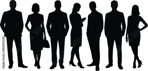 Silhouettes of Seven Business Professionals in Varied Poses Representing Corporate Diversity, Teamwork, and Professional Identity on White Background