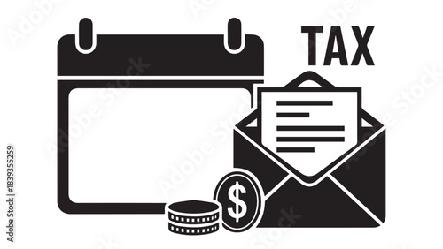 Black silhouette tax deadline icon featuring calendar schedule, open mail envelope with document, and dollar coins for financial payment concepts