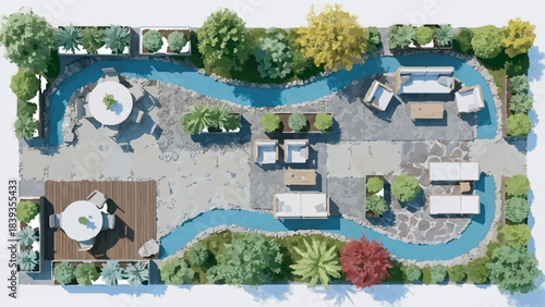 Top View Modern Landscape Design Plan with Winding Water Feature and Outdoor Seating Areas