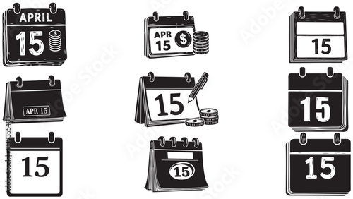 Black silhouette calendar page icons set displaying the 15th day, isolated vector symbol for tax filing deadline or monthly agenda event