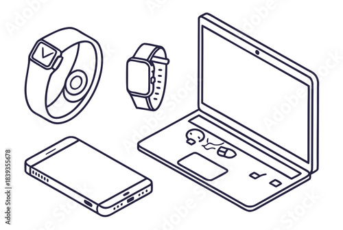 Technology Gadgets Icon Set  White Background  Min Vector Icon Set