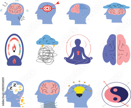 A flat vector icon pack representing mental states and cognitive health themes such as anxiety, focus, burnout, overthinking, creativity, meditation, emotional balance, and insomnia.