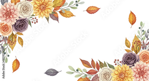 Watercolor Autumn Floral Border Design with Roses, Dahlias, and Fall Leaves