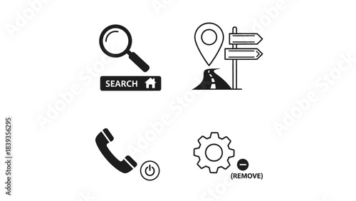 Illustrative interface icons: search, navigation, communication, settings elements in a graphic collection.