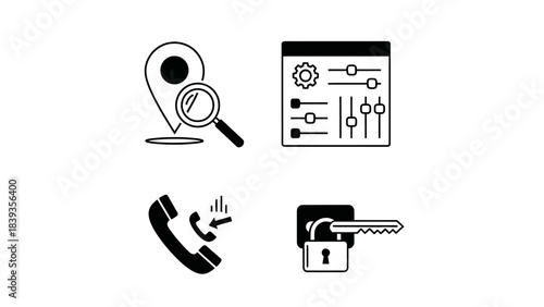 Simple black icons representing location, identification, communication, and security concepts displayed on a clean white background