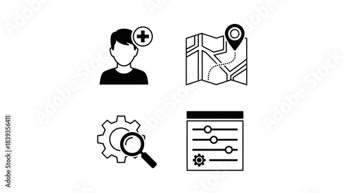 Digital Interface Icons for User Management, Location Navigation, Search, and System Settings