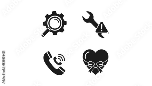 Simple black icons representing various concepts including tools, communication, and emotions on a plain white background