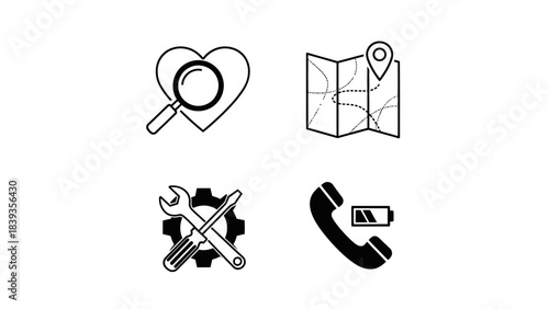 Simple black icons representing search, navigation, settings, and communication on a white background