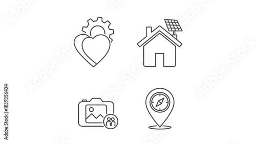 Simple line icons representing eco-friendly home and location services