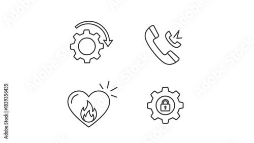 Set of icons including a cog with a circular arrow, a phone receiver, a heart with flames, and a cog with a lock