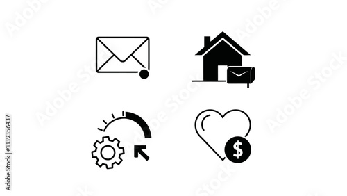Simple black icons representing email, real estate, settings, and finance on a white background