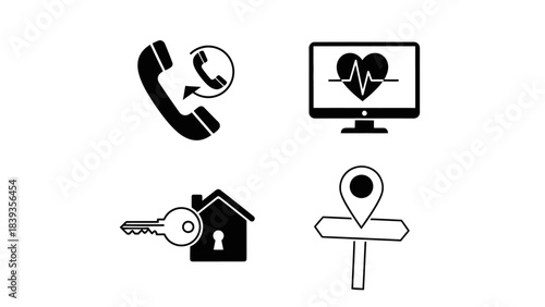 Simple black icons representing communication, technology, real estate, and navigation on a white background