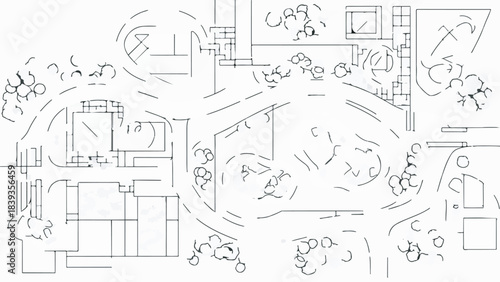 Minimalist Abstract Architectural Sketch Vector Line Art Drawing, Top View Urban Master Plan Concept