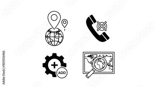 Set of icons depicting global navigation, communication, and business operations