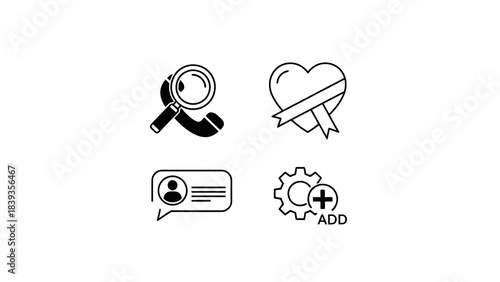 Collection of four icons: magnifying glass on phone, heart with ribbon, chat bubble with person, and gear with plus sign
