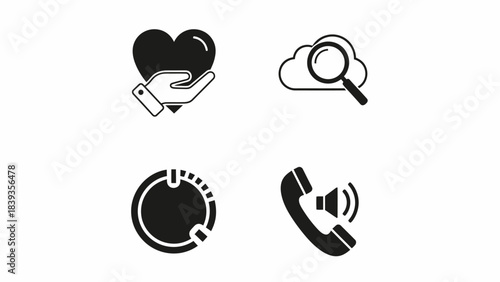 Collection of four black icons: hand holding heart, cloud search, volume dial, and phone with speaker