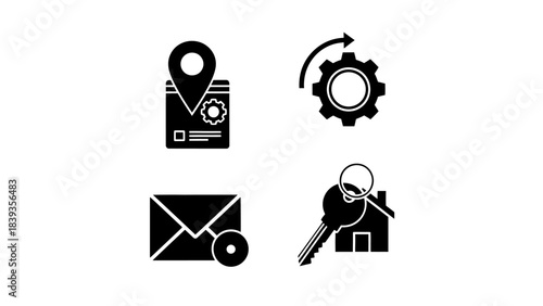 Set of Icons: Location, Gear, Envelope, and House Key representing services and communication