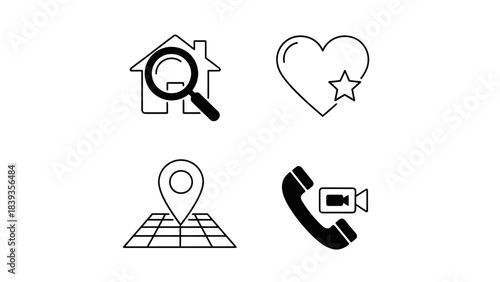 Simple black icons representing home search, love, location, and communication on a white background