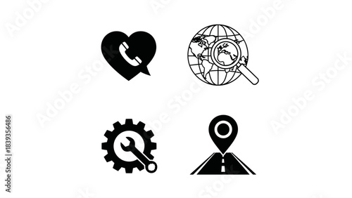 Graphic icons illustrating essential business, communication, global search, and location services for various platforms.