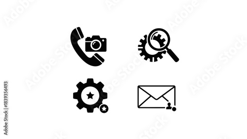 Simple black icons representing communication and technology on a white background