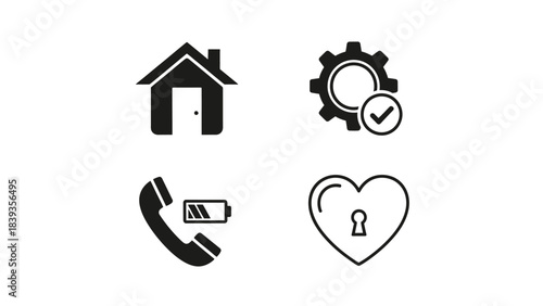 Simple black icons representing home, settings, phone call, and love on a white background
