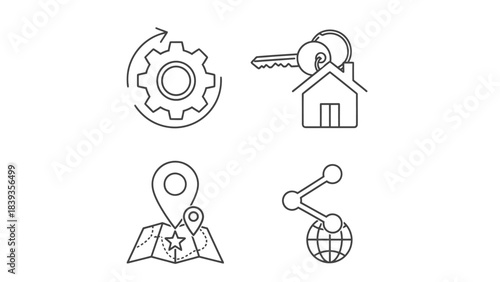 Set of four icons: gear, house with keys, map with pin, and globe network connection