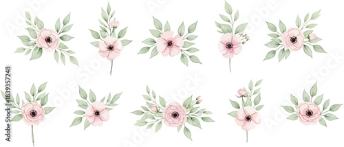 Elegant Watercolor Pink Flower Arrangements with Green Leaves Vector Illustration Set