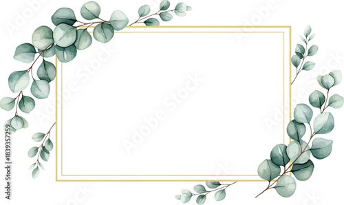 Elegant watercolor eucalyptus border frame with gold lines on white background