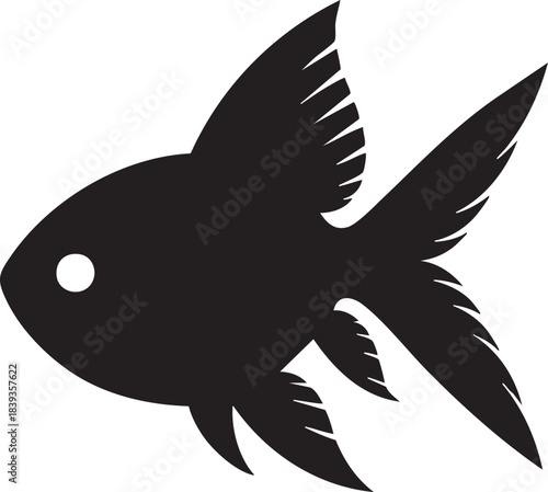 Black silhouette of a goldfish with flowing fins, white