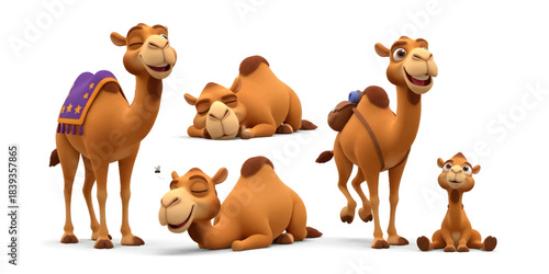 Adorable 3D Cartoon Camel Character Set - Desert Animal Poses with Saddle and Backpack, Happy, Sleeping, and Smiling for Travel, Middle East, and Zoo Themes