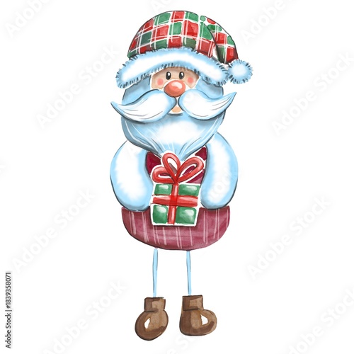 Santa Claus with Gift. Watercolor illustration 