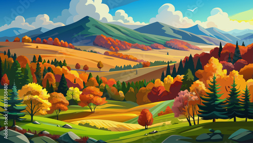 Very beautiful vibrant autumn meadow in the Green Mountains of Vermont, with colorful trees, rolling hills, and glowing seasonal ambiance.