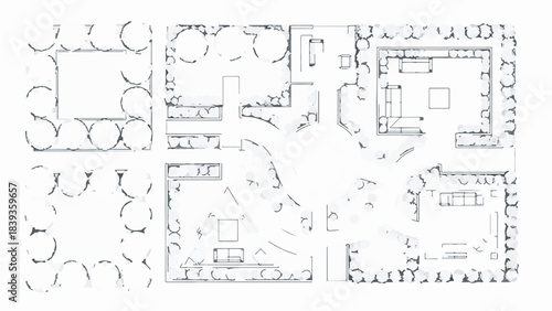 Architectural floor plan blueprint of a complex building layout with multiple rooms, courtyards, and surrounding trees, rendered in a detailed black and white vector line art style.